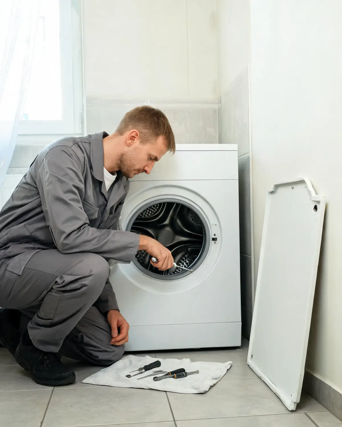 Мастер ремонтирует стиральную машину Smeg